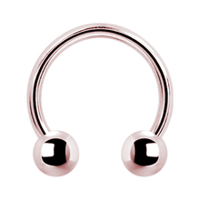 Load image into Gallery viewer, A rose gold steel circular barbell with two externally threaded balls designed for various body piercings.