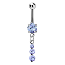 Load image into Gallery viewer, surgical steel navel barbell with prong set lavender stones and a triple tapered jewelled dangly charm