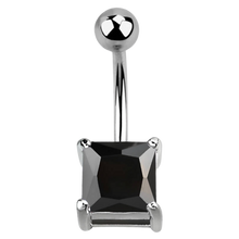 Load image into Gallery viewer, Surgical steel (silver colour) navel barbell or belly button ring with a black square cubic zirconia gemstone