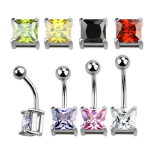 Load image into Gallery viewer, Set of belly button rings with sqaured colored cubic zirconia gemstones on a transparent background