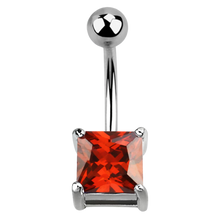 Load image into Gallery viewer, Surgical steel (silver colour) navel barbell or belly button ring with a garnet red square cubic zirconia gemstone