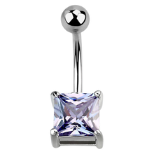 Load image into Gallery viewer, Surgical steel (silver colour) navel barbell or belly button ring with a lavender purple square cubic zirconia gemstone