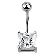 Load image into Gallery viewer, Surgical steel (silver colour) navel barbell or belly button ring with a white square cubic zirconia gemstone