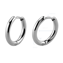 Load image into Gallery viewer, A pair of silver stainless steel hinged hoop earrings with a highly polished finish.
