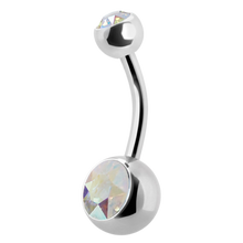 Load image into Gallery viewer, Surgical Steel navel barbell with a gem on the top and bottom ball