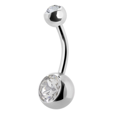 Load image into Gallery viewer, Surgical Steel navel barbell with a gem on the top and bottom ball