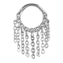 Load image into Gallery viewer, A surgical steel hinged ring with a chain dangle design for earlobe or helix piercing.