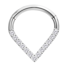 Load image into Gallery viewer, Surgical steel v shaped hinged clicker paved with white CNC set cubic zirconia stones 1.2x10mm