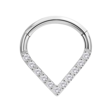 Load image into Gallery viewer, Surgical steel v shaped hinged clicker paved with white CNC set cubic zirconia stones 1.2x8mm