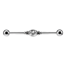 Load image into Gallery viewer, Surgical steel industrial barbell with a white oval shaped cubic zirconia centred in the bar