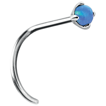 Load image into Gallery viewer, Surgical Steel nose twirl stud with a sapphire blue prong-set opal
