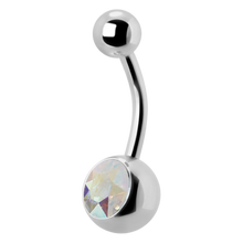 Load image into Gallery viewer, Surgical Steel navel bar with a single bottom gem. 1.6x12x5/8mm. Aurora borealis premium crystal