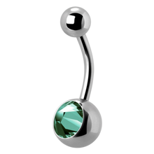 Load image into Gallery viewer, Surgical Steel navel bar with a single bottom gem. 1.6x12x5/8mm Blue zircon premium crystal