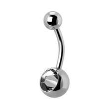 Load image into Gallery viewer, Surgical Steel navel bar with a single bottom gem. 1.6x12x5/8mm White premium crystal