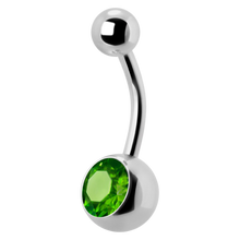 Load image into Gallery viewer, Surgical Steel navel bar with a single bottom gem. 1.6x12x5/8mm Peridot premium crystal