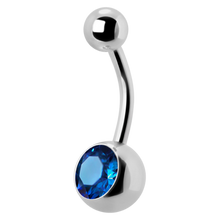 Load image into Gallery viewer, Surgical Steel navel bar with a single bottom gem. 1.6x12x5/8mm. Sapphire premium crystal