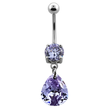Load image into Gallery viewer, Surgical Steel lavender cubic zirconia prong-set navel bar with Pear Swarovski charm below and plain ball on top