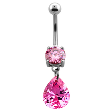 Load image into Gallery viewer, Surgical Steel rose cubic zirconia prong-set navel bar with Pear Swarovski charm below and plain ball on top