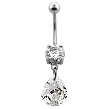 Load image into Gallery viewer, Surgical Steel white cubic zirconia prong-set navel bar with Pear Swarovski charm below and plain ball on top