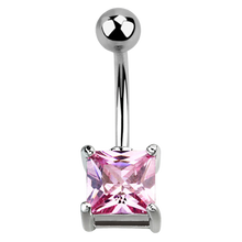 Load image into Gallery viewer, Surgical steel navel bar with a square shaped rose pink cubic zirconia stone