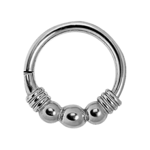 Load image into Gallery viewer, Surgical steel hinged clicker ring with three balls and a wrapped wire design 1.0x6mm