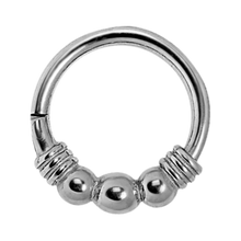 Load image into Gallery viewer, Surgical steel hinged clicker ring with three balls and a wrapped wire design 1.0x7mm
