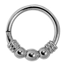 Load image into Gallery viewer, Surgical steel hinged clicker ring with three balls and a wrapped wire design 1.0x8mm