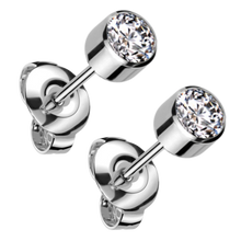 Load image into Gallery viewer, Pair of titanium ear studs with a 5mm white bezel-set cubic zirconia stones and titanium butterfly backs