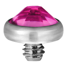 Load image into Gallery viewer, A high-quality titanium disc attachment with a sparkling crystal designed for Dermal Anchors with a threaded screw for internally threaded piercing jewellery.