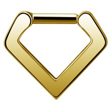 Load image into Gallery viewer, A V-shaped 24k gold PVD steel clicker, typically used for septum piercings, with a shiny finish.