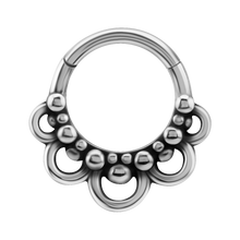 Load image into Gallery viewer, A surgical steel Boho Hinged Ring with multiple protrusions and a circular shape designed for use in various piercings.