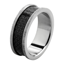 Load image into Gallery viewer, A stainless steel ring with black carbon fibre inlay and polished grooved edges.