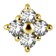 Load image into Gallery viewer, A 24k gold PVD SS316L clover internally threaded attachment with white cubic zirconia stones