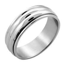 Load image into Gallery viewer, Plain stainless steel spinner finger ring with a ribbed, rotatable middle piece.