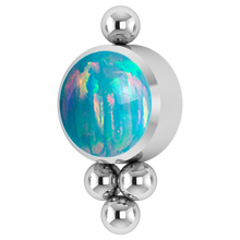 Load image into Gallery viewer, A titanium ornate internally threaded attachment with a light green opal