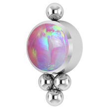 Load image into Gallery viewer, A titanium ornate internally threaded attachment with a pink opal