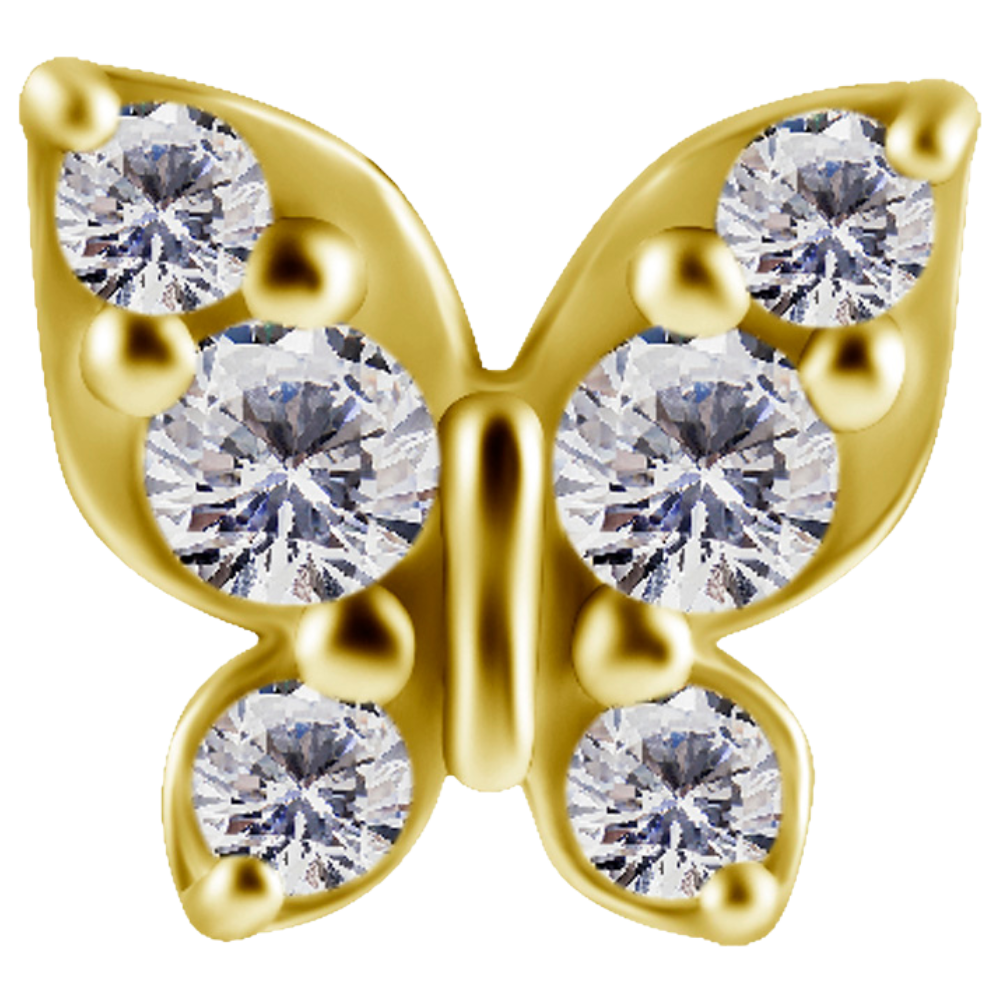 18k gold PVD nickel-free cobalt-chrome internally threaded butterfly attachment with white premium zirconia stones 