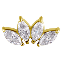 Load image into Gallery viewer, 18k gold PVD nickel-free cobalt-chrome internally threaded attachment with four white marquise premium zirconia stones 
