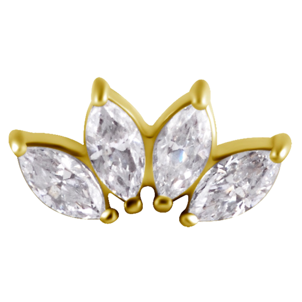 18k gold PVD nickel-free cobalt-chrome internally threaded attachment with four white marquise premium zirconia stones 