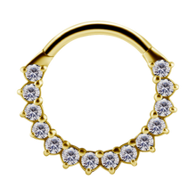 Load image into Gallery viewer, 18k gold PVD nickel-free cobalt-chrome forward facing paved prong-set AB premium zirconia hinged clicker ring 
