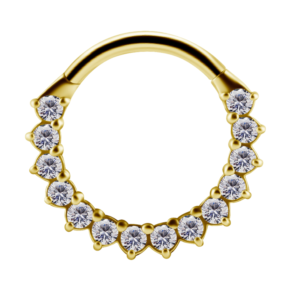 18k gold PVD nickel-free cobalt-chrome forward facing paved prong-set AB premium zirconia hinged clicker ring 