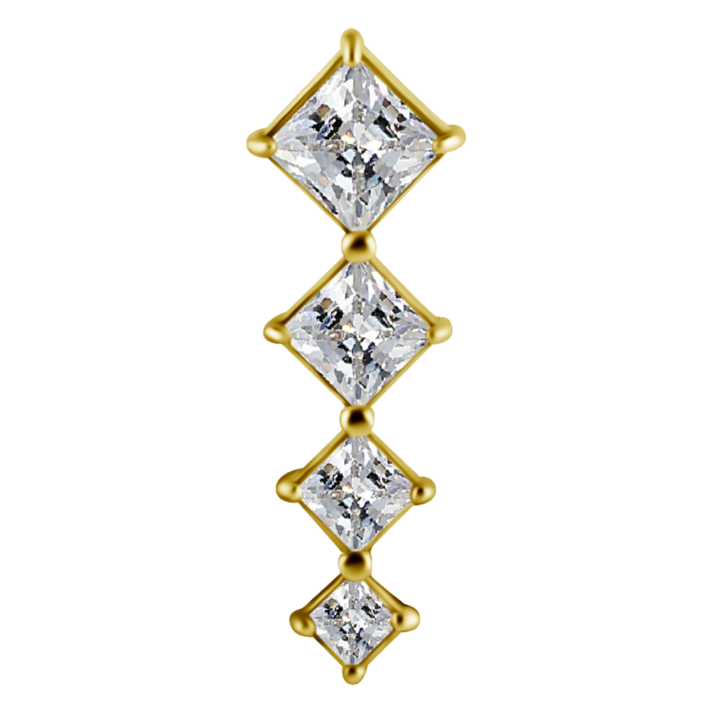 18k gold PVD cobalt-chrome nickel free internally threaded attachment with white square premium zirconias graduating in size