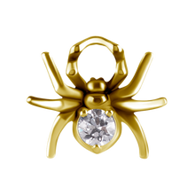 Load image into Gallery viewer, 18k gold PVD nickel-free cobalt-chrome spider charm with a white premium zirconia stone.

