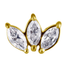 Load image into Gallery viewer, 18k gold PVD nickel-free cobalt-chrome internally threaded attachment with three white marquise premium zirconia stones
