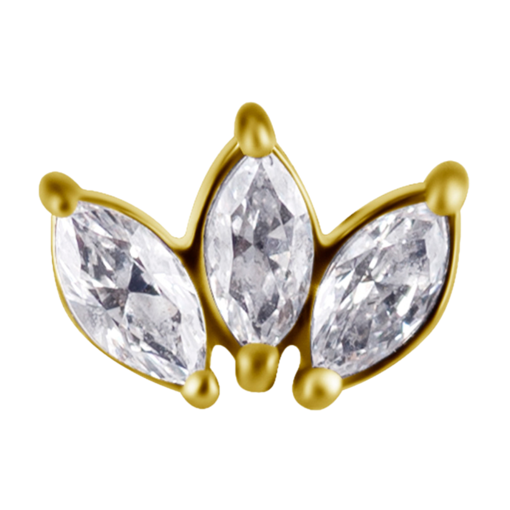 18k gold PVD nickel-free cobalt-chrome internally threaded attachment with three white marquise premium zirconia stones