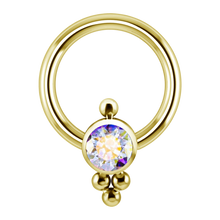Load image into Gallery viewer, 18k gold PVD Titanium ASTM-136 disc closure ring with a aurora borealis premium zirconia ornate cluster captive disc
