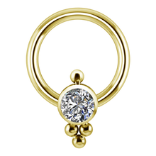 Load image into Gallery viewer, 18k gold PVD Titanium ASTM-136 disc closure ring with a white premium zirconia ornate cluster captive disc
