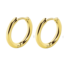 Load image into Gallery viewer, A pair of gold stainless steel hinged hoop earrings with a highly polished finish.
