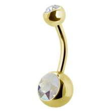 Load image into Gallery viewer, 24k gold PVD navel barbell with a gem on the top and bottom ball
