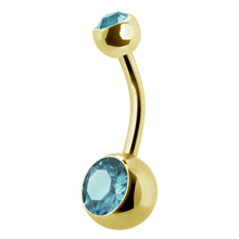 Load image into Gallery viewer, 24k gold PVD navel barbell with a gem on the top and bottom ball
